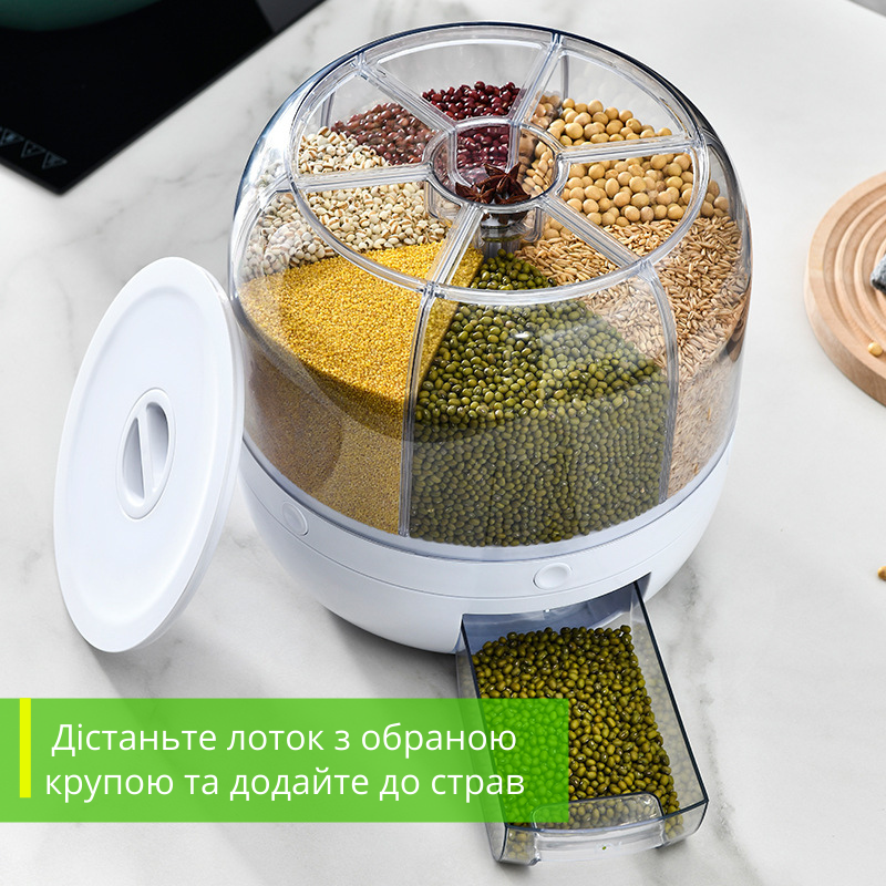 Диспенсер кухонний для зберігання круп та сипучих продуктів із системою дозування 6 секцій Прозоро-білий (10603694) - фото 6