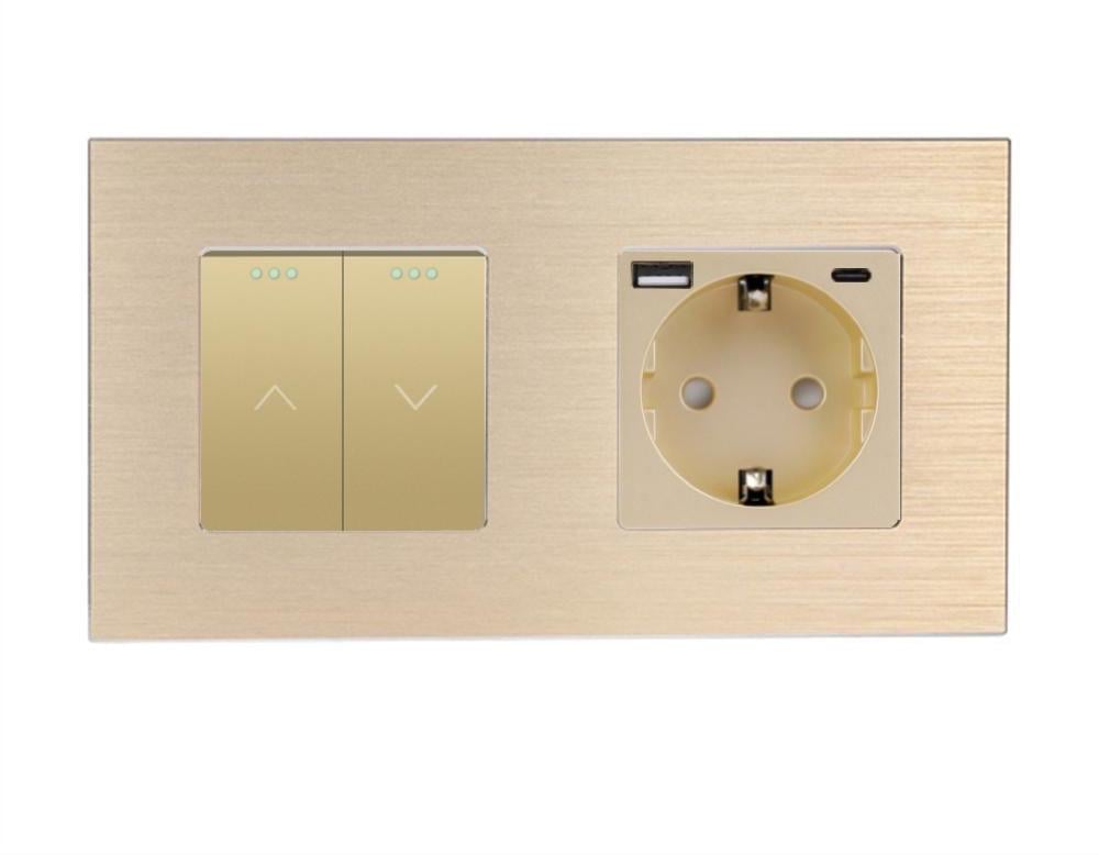 Выключатель двойной WALLPAD с розеткой и USB A+C 20Вт алюминий с заземлением Золотой