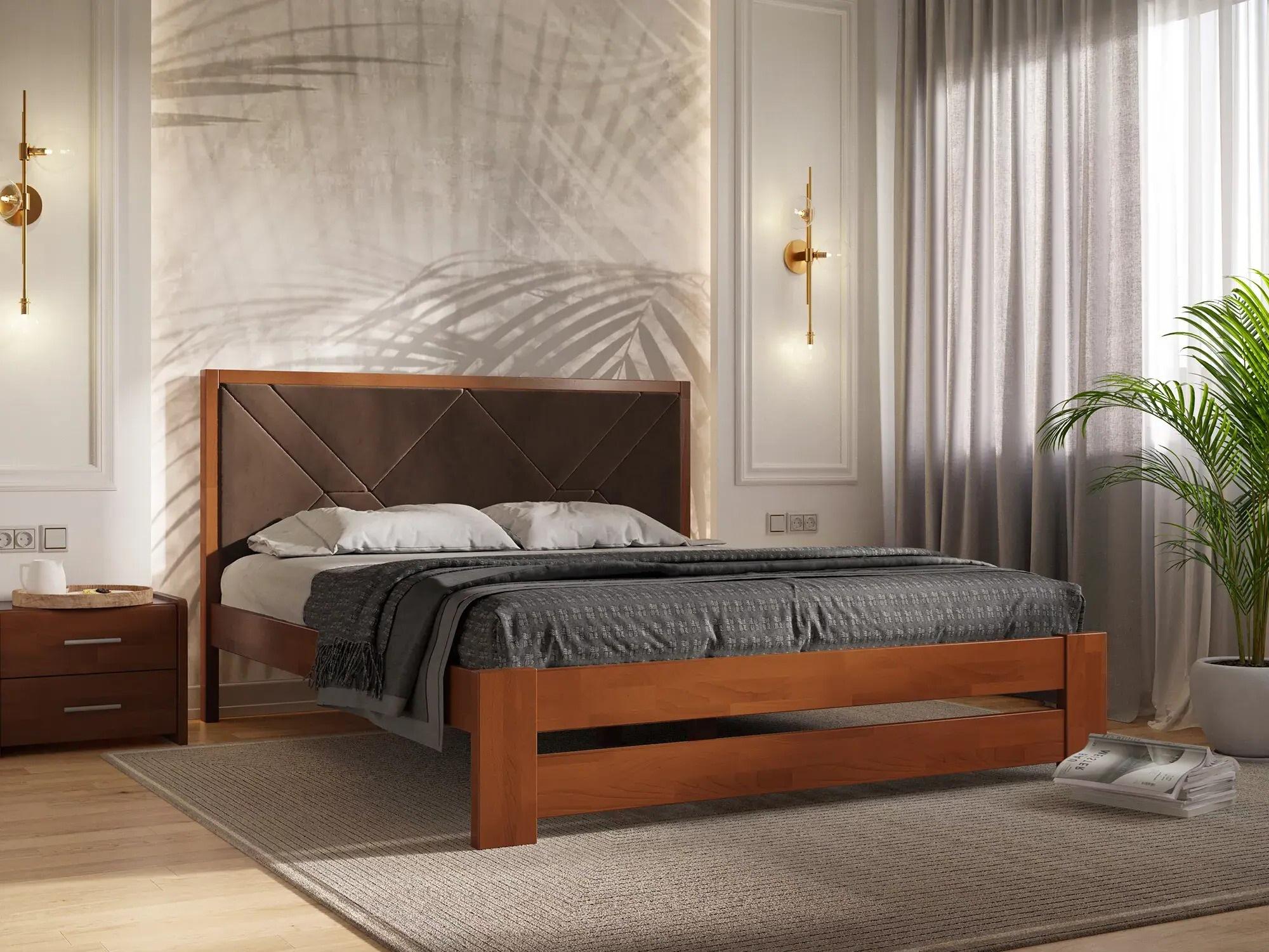 Кровать двуспальная Arbor Drev Симфония Премиум с ламелями без матраса натуральное дерево бук/ткань 160х200 см Яблоня Локарно/коричневый (51358)