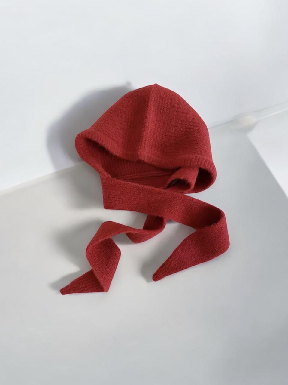 Шапка женская теплая вязаная с завязками шерстяной Красный (0302)