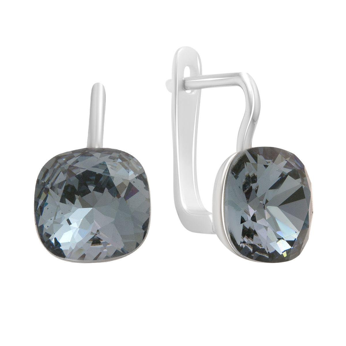 Сережки срібні LoveR з великими фіанітами у формі подушки в глибокому сірому відтінку та англійським замком