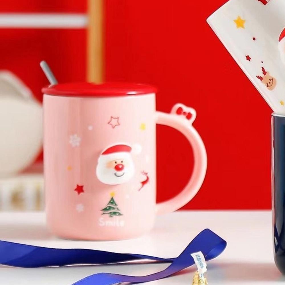Чашка новогодняя с крышкой и ложкой Санта керамика 360 мл Розовый - фото 7