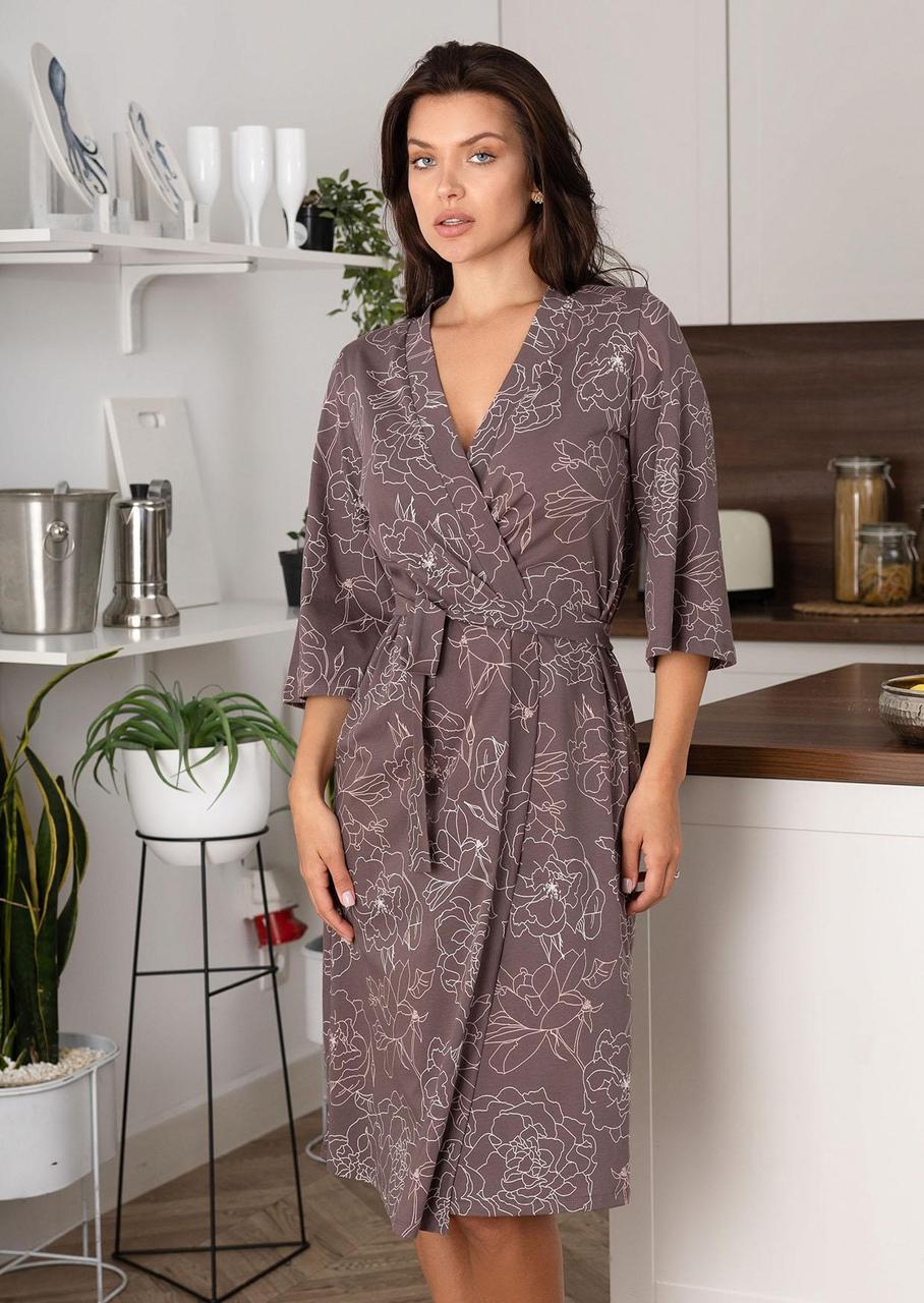 Халат женский Roksana рукав три четверти с цветочным принтом хлопковый XXL Коричневый (1223/12043)