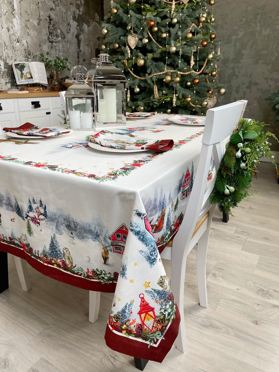 Скатерть новогодняя Рождественская открытка WSI хлопчатобумажная с защитным покрытием 145х195см (0854-1322)