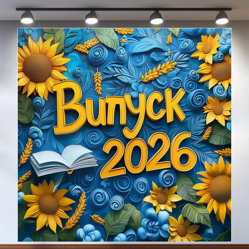 Баннер для фотозоны "Випускний 2026" синие розы золотые колосья и патриотический подсолнечник 160x160 см №41007