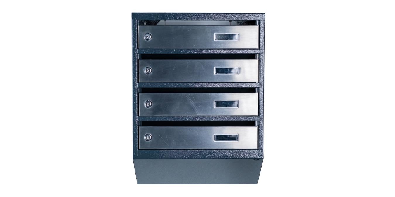 Почтовый ящик на 4 квартиры Галиндустрия ЯП-04-A металлический 390×550×200 мм с ящиками из нержавеющей стали Антрацит-нержавейка (14-119-000007157) Почтовый ящик на 4 квартиры Галиндустрия ЯП-04-A металлический 390×550×200 мм с ящиками из нержавеющей стали Антрацит-нержавейка (14-119-000007157)