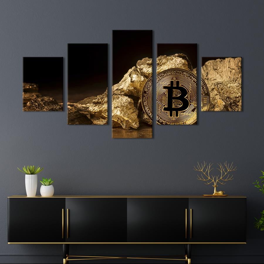 Модульная картина из 5 частей Криптовалюта и чистое золото 112x54 см (526-52)