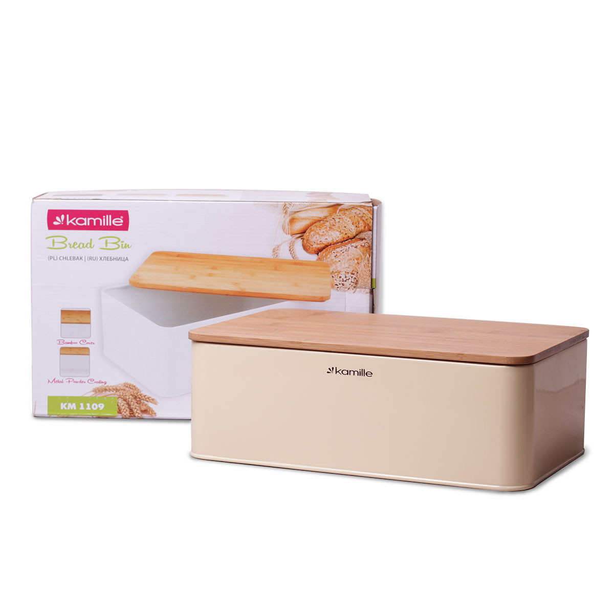 Хлебница Kamille 33 см из нержавеющей стали с бамбуковой крышкой Бежевый KM-1109
