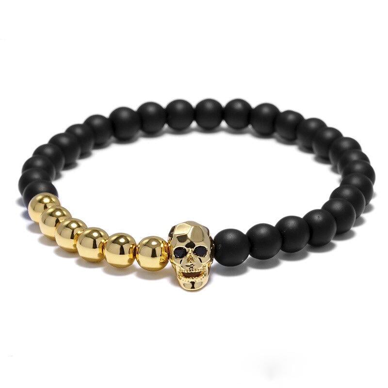Браслет із шунгіту та гематиту з черепом р. 15 Чорний/Золотий
 (14029)