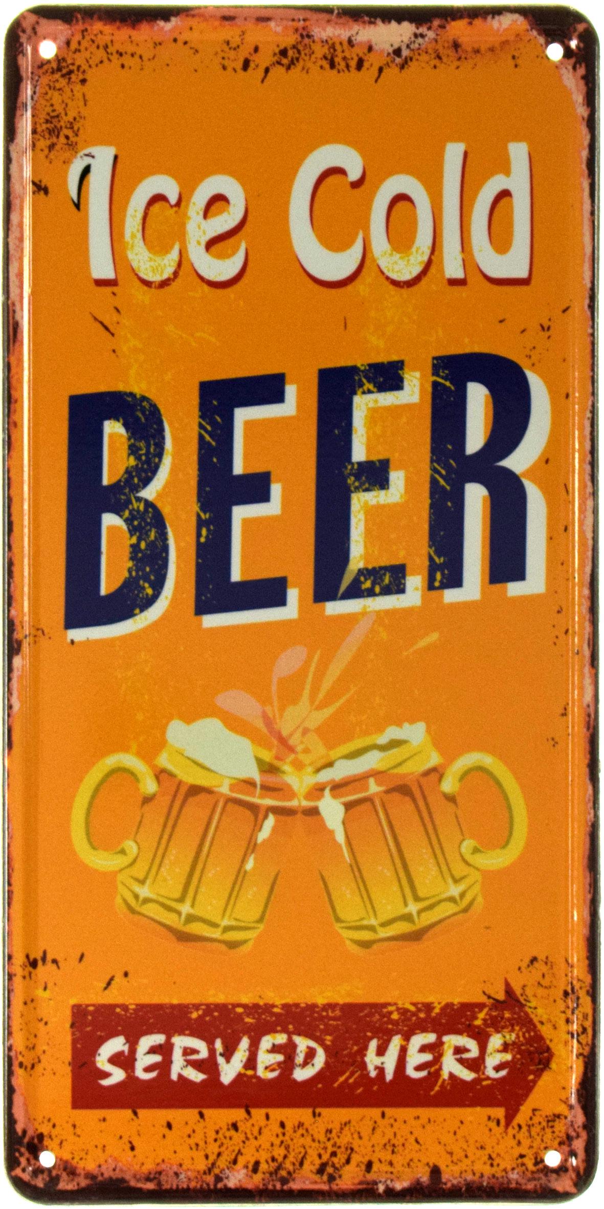 Табличка металлическая Здесь Подают Ледяное Пиво Оранжевый Фон/Ice Cold Beer Served Here 15x30 см
