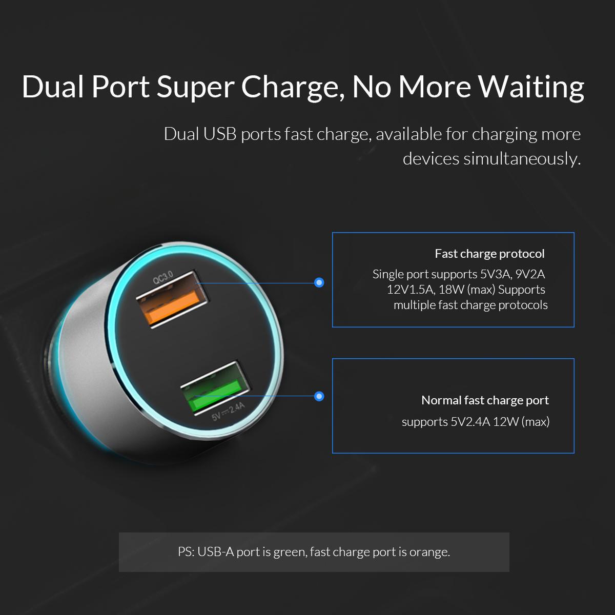 Зарядний пристрій автомобільний Orico й 2x USB 30W 3A USB-A Quick Charge 3.0 QC3.0 алюмінієвий Сріблястий (ORICO-UPC-Q2-SV-BP) - фото 4