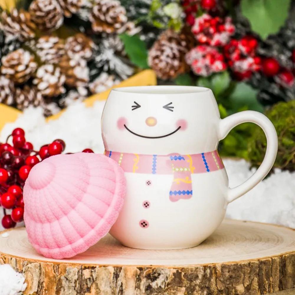 Чашка новогодняя с крышкой Снеговик керамика 350 мл Розовый (30308500) - фото 2