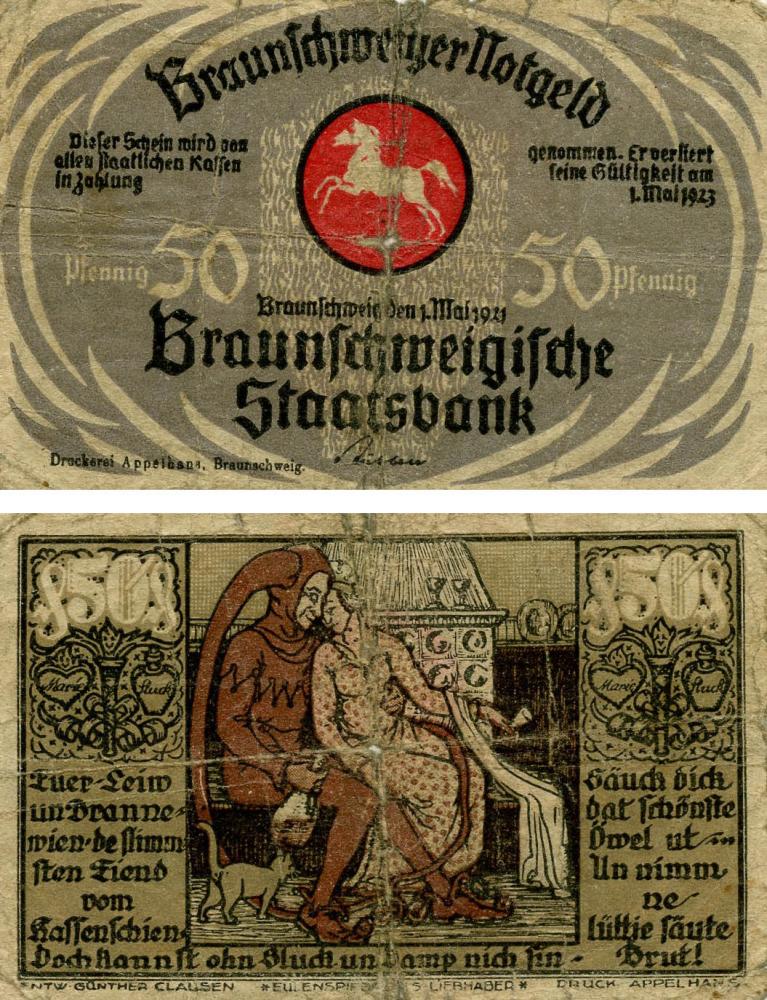 Коллекционная банкнота Германия Нотгельд 50 пфеннигов 1923 G-VG Брауншвейг Разновидность 1 (Б18749)