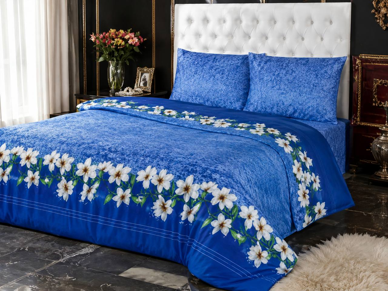 Комплект постільної білизни Flowers on blue євро поліестер 200х220 см (KP-T85-27/E)
