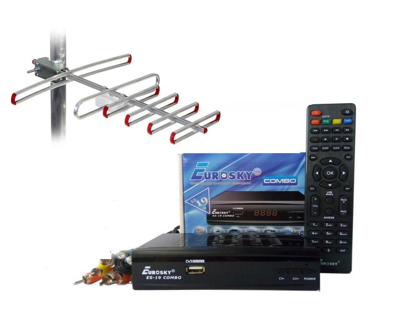 Комплект DVB-S2/T2 тюнер комбинированный Eurosky ES-19 Combo/антенна внешняя SUPER 4 40 км/WiFi-адаптер Комплект DVB-S2/T2 тюнер комбинированный Eurosky ES-19 Combo/антенна внешняя SUPER 4 40 км/WiFi-адаптер