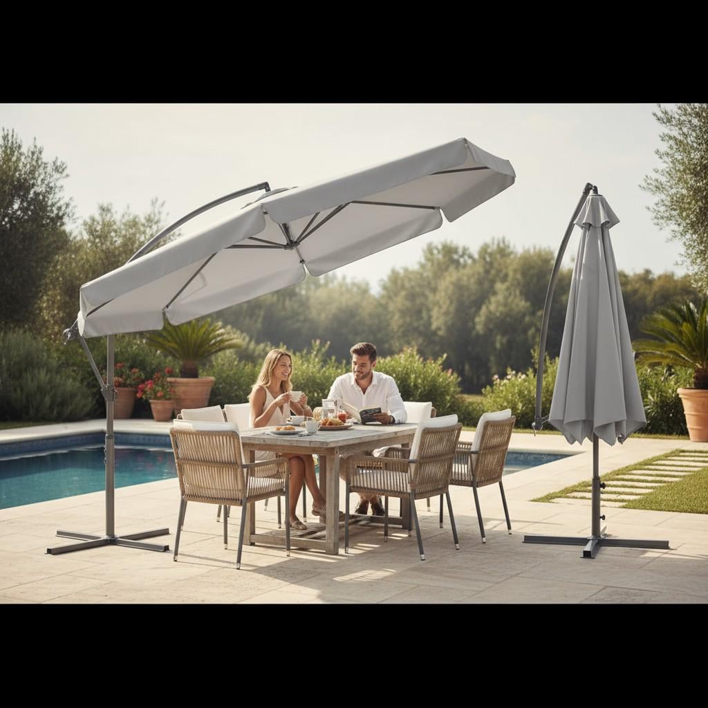 Садова парасоля розкладна боковою стійкою на хрестовині Funfit Garden 3 м із поліестеру та сталевою рамою 2,5 м Сірий (3054 (7) Садова парасоля розкладна боковою стійкою на хрестовині Funfit Garden 3 м із поліестеру та сталевою рамою 2,5 м Сірий (3054 (7)