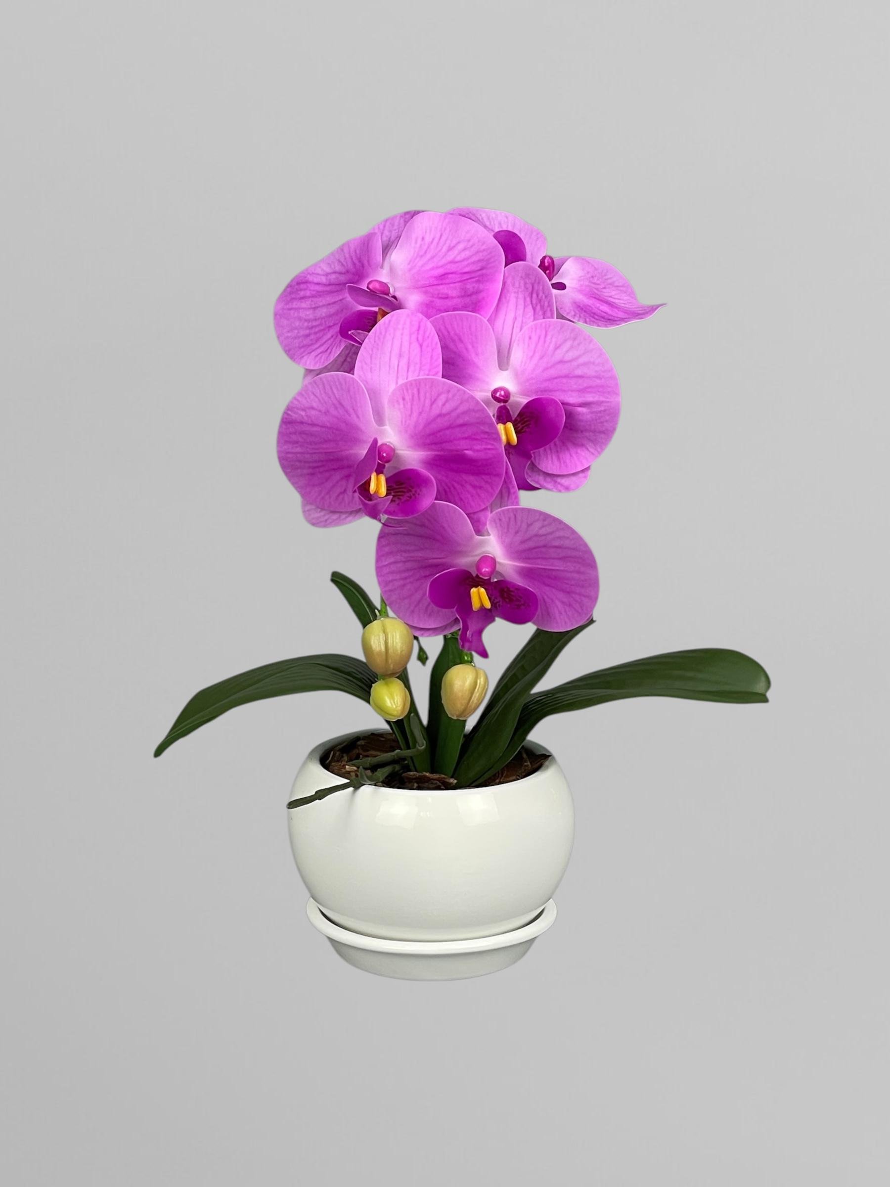 Композиция мини из искусственных орхидей из латекса Premium 1 веточка в белом керамическом кашпо Сиреневый (А119)