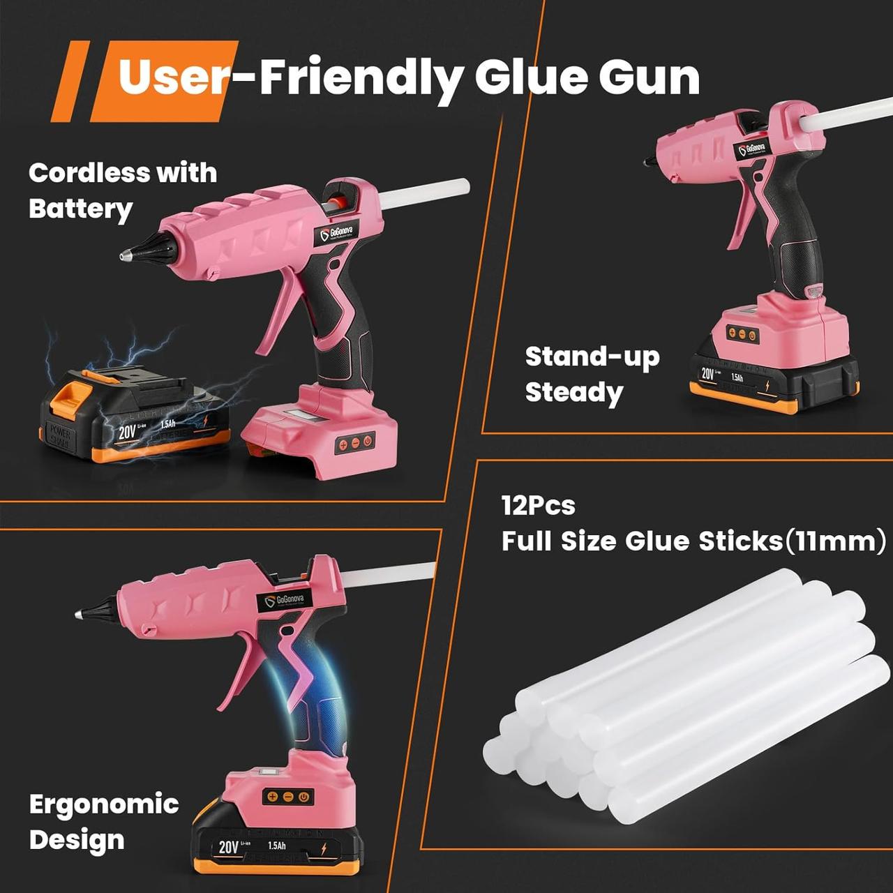 Пістолет клейовий бездротовий 20 В регулювання температури РК дисплей швидке нагрівання з 12 стрижнями - фото 5