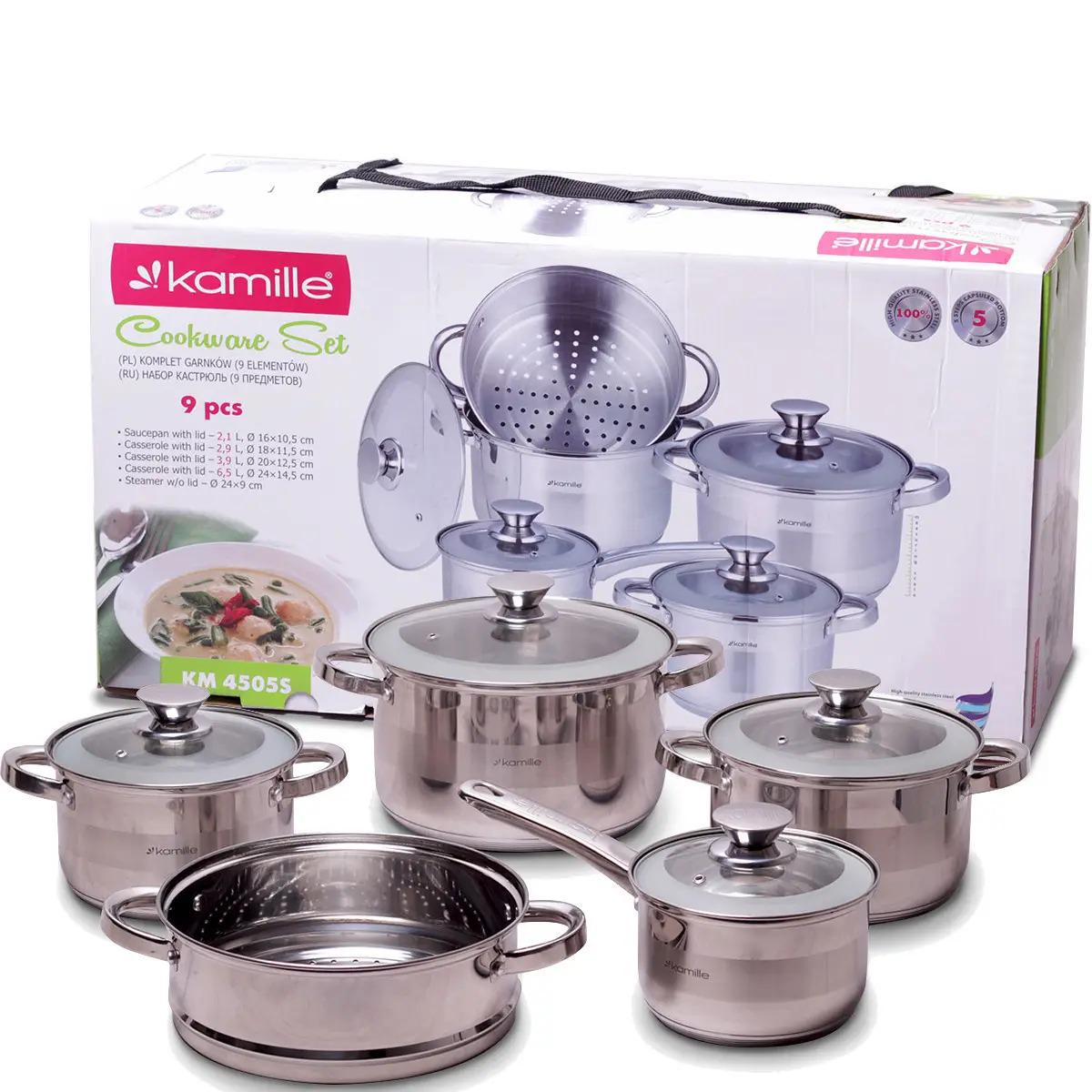 Набір посуду Kamille з нержавіючої сталі 2,1 л/2,9 л/3,9 л/6,5 л 9 пр. (KM-4505S)