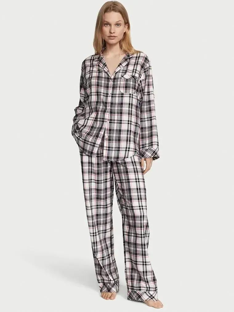 Піжама сорочка/штани фланель Victoria's Secret Long Pajama Set у клітинку M Сірий (26673623)