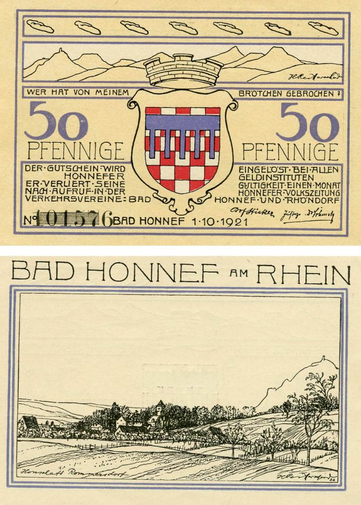 Коллекционная банкнота Германия Нотгельд 50 пфеннигов 1921 F-VF Бад-Хоннеф Разновидность 2 (Б18791)