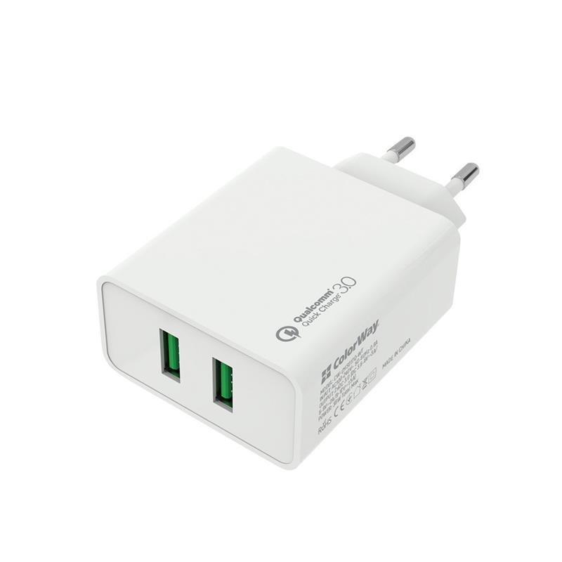Зарядное устройство сетевое ColorWay 2xUSB QC 3.0 36 Вт White (CW-CHS017Q-WT)