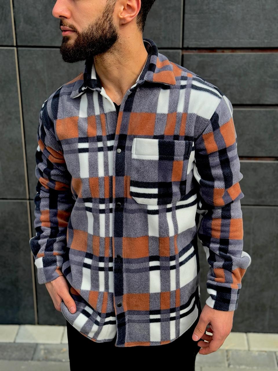 Рубашка мужская весенне-осенняя флисовая S Бело-оранжевый (G0016/1/1) - фото 4