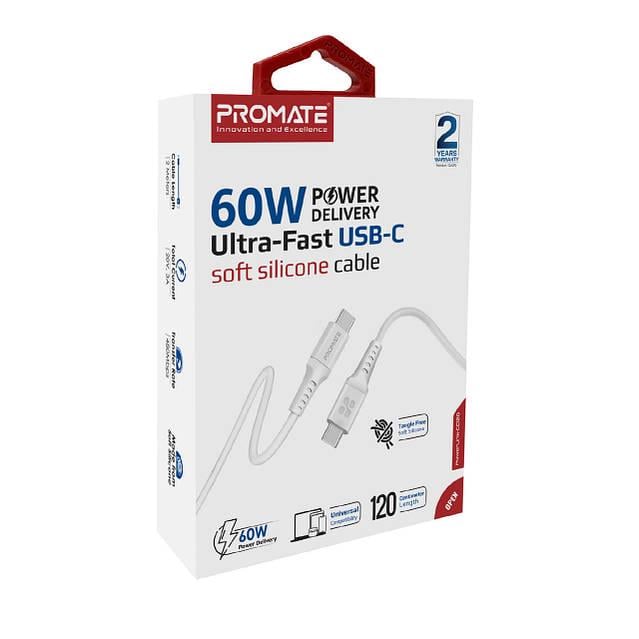 Кабель Promate PowerLink-CC120 USB-C to USB-C 60 Вт Power Delivery 1,2 м White - фото 7