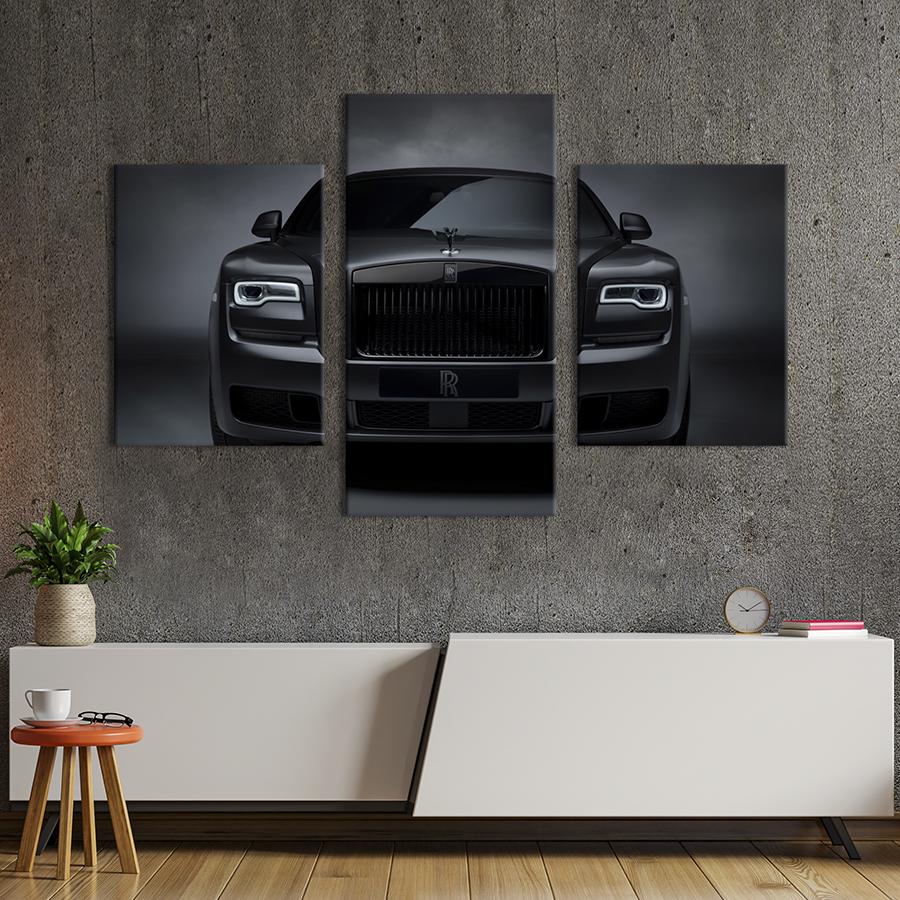 Картина на холсте триптих Стильный черный автомобиль Rolls-Royce Призрак 141x90 см (1396-32)