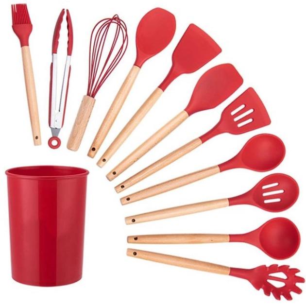 Набор кухонных принадлежностей Kitchen Set силиконовый на подставке 12 пр. Красный (NT-19897-97)