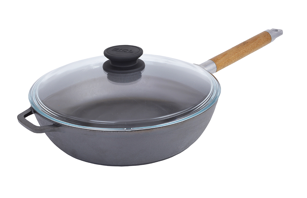 Сковорода чугунная глубокая со стеклянной крышкой и съемной ручкой Биол 28 см (0328С)