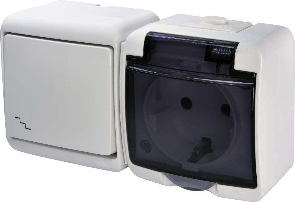 Розетка наружная ETI VRHH-3sd с заземлением/1-клавишным переключателем горизонтальная с прозрачной крышкой IP54 Белый (4668036)