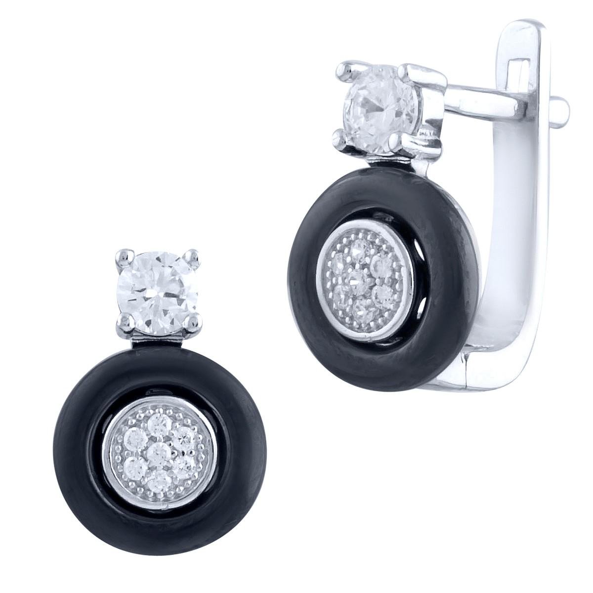 Сережки срібні з чорною керамікою та фіанітами