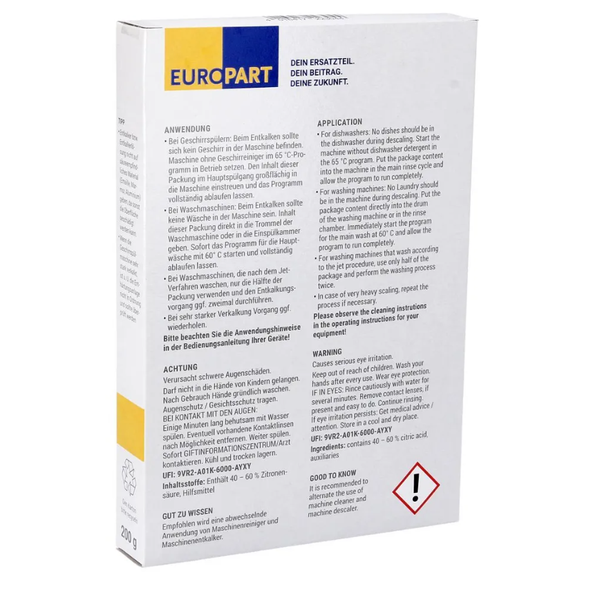 Засіб для видалення накипу EUROPART для пральних і посудомийних машин 200 г 10083653 - фото 4 Засіб для видалення накипу EUROPART для пральних і посудомийних машин 200 г 10083653 - фото 4