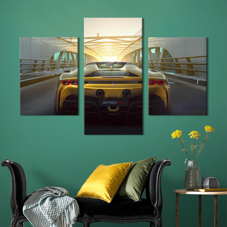 Картина на холсте триптих Жёлтая Ferrari SF90 Spider вид сзади 141x90 см (1319-32)