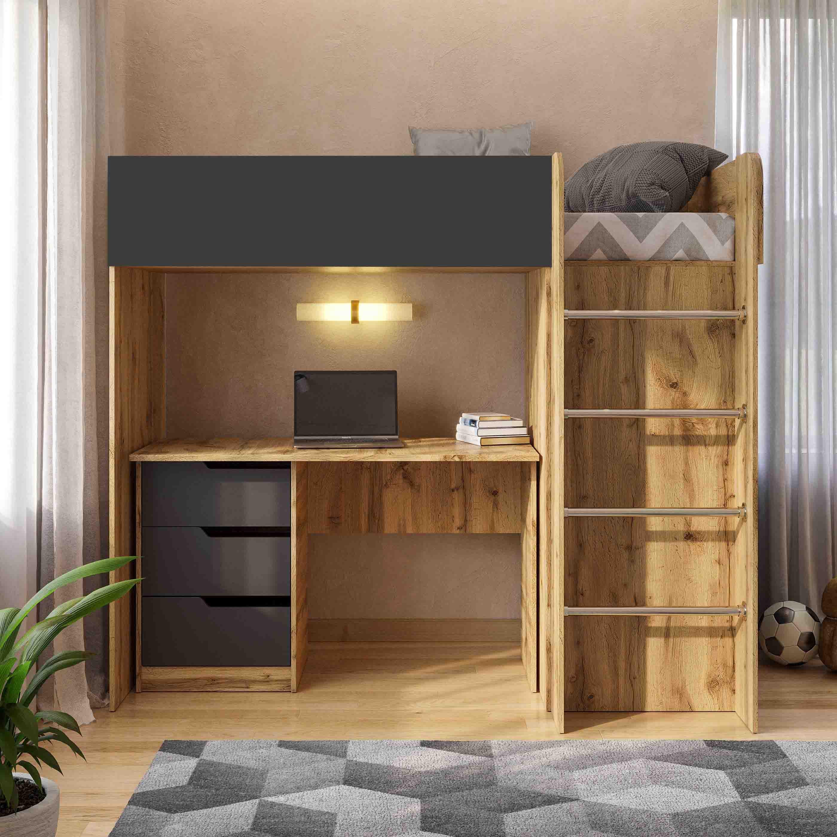 Комплект для детской BED-ROOM 3 кровать со шкафом и письменный стол 1940x1020x1690 мм Дуб Тахо/Графит