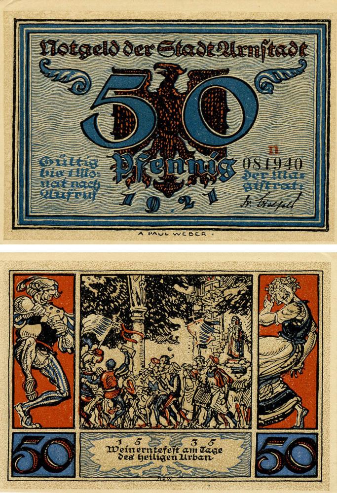 Коллекционная банкнота Германия Нотгельд 50 пфеннигов 1921 F-VF Арнштадт Разновидность 1 (Б18756)