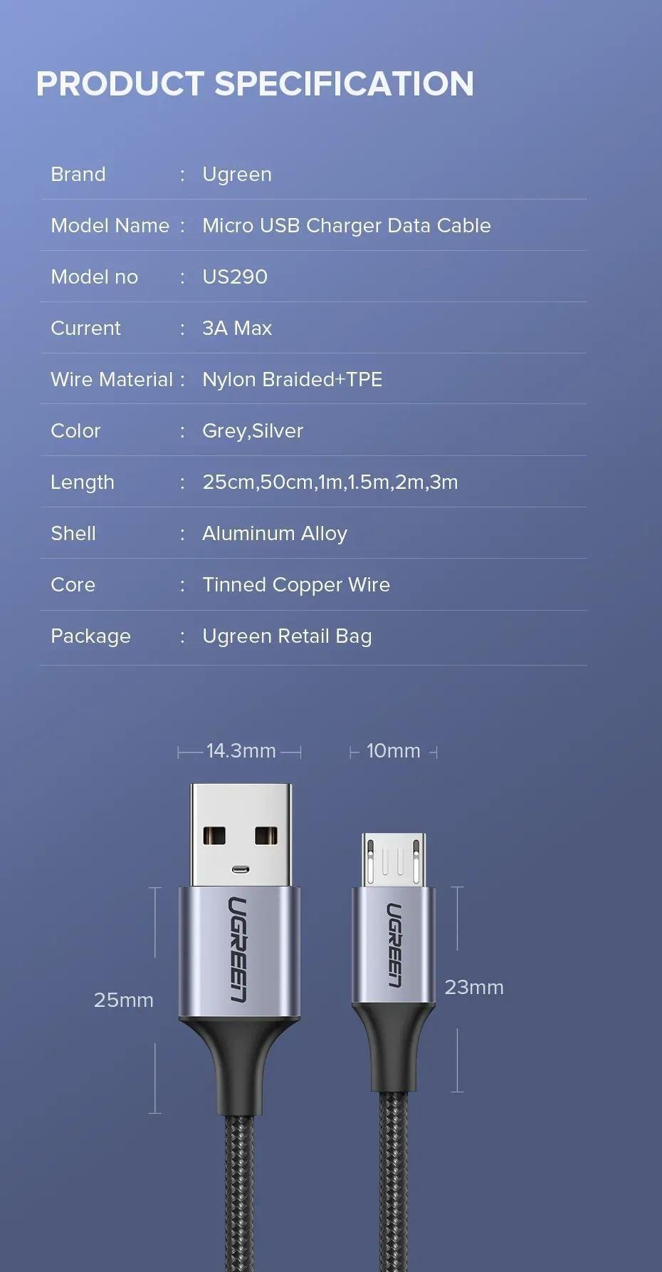 Кабель UGREEN USB-Micro-USB 18Вт 3А/6В 480 Мбіт/с швидка зарядка USB 2.0 A на Micro-B Плетений 3 м Чорний (60403) - фото 3