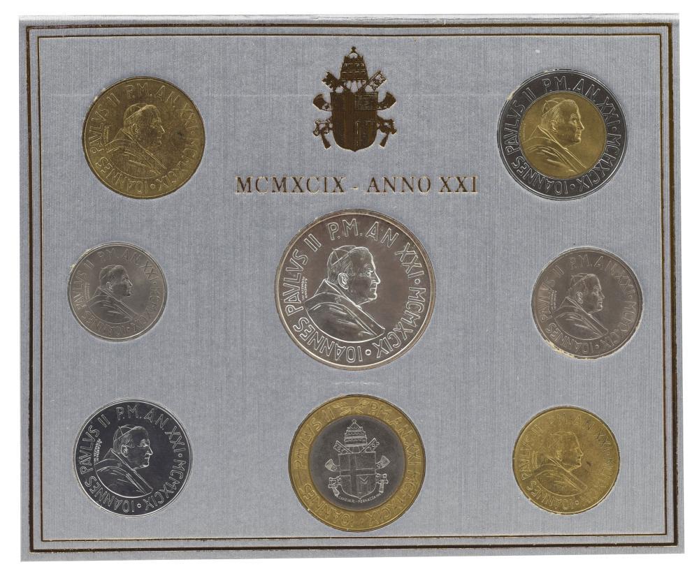 Коллекционные монеты Ватикан 8 шт. 1999 AU-UNC Папа Римский-Иоанн Павел II/21-й год правления (М22380) Коллекционные монеты Ватикан 8 шт. 1999 AU-UNC Папа Римский-Иоанн Павел II/21-й год правления (М22380)