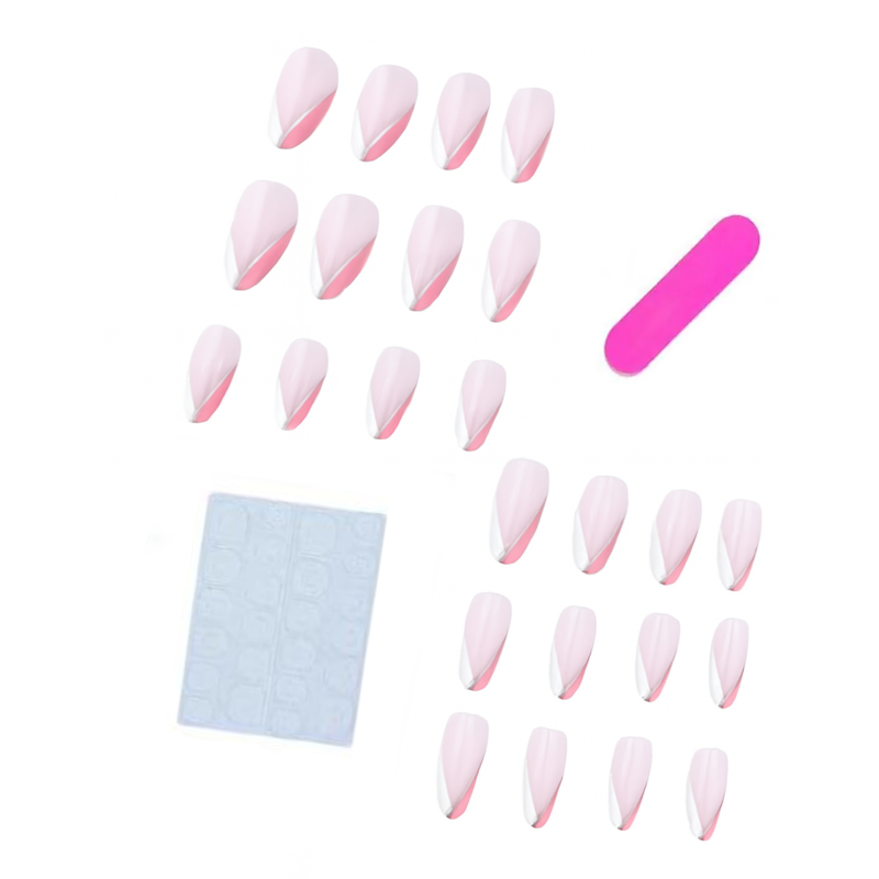 Ногти накладные Цветной френч с серебристой полоской миндаль средней длины с клеевыми стиками 24 шт. Белый с розовым (3000003698)