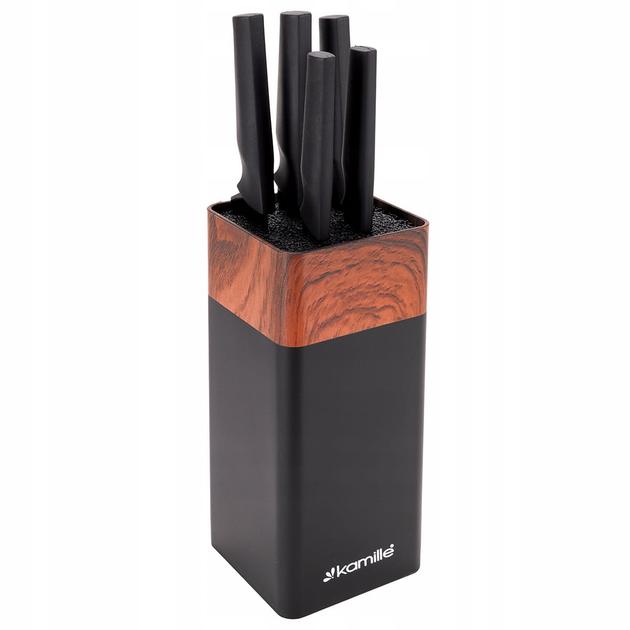 Набор ножей с пластиковыми ручками Kamille KM-7615 из нержавеющей стали с подставкой 9,5х9,5х22 см 5 шт. Черный (150-84-7615)