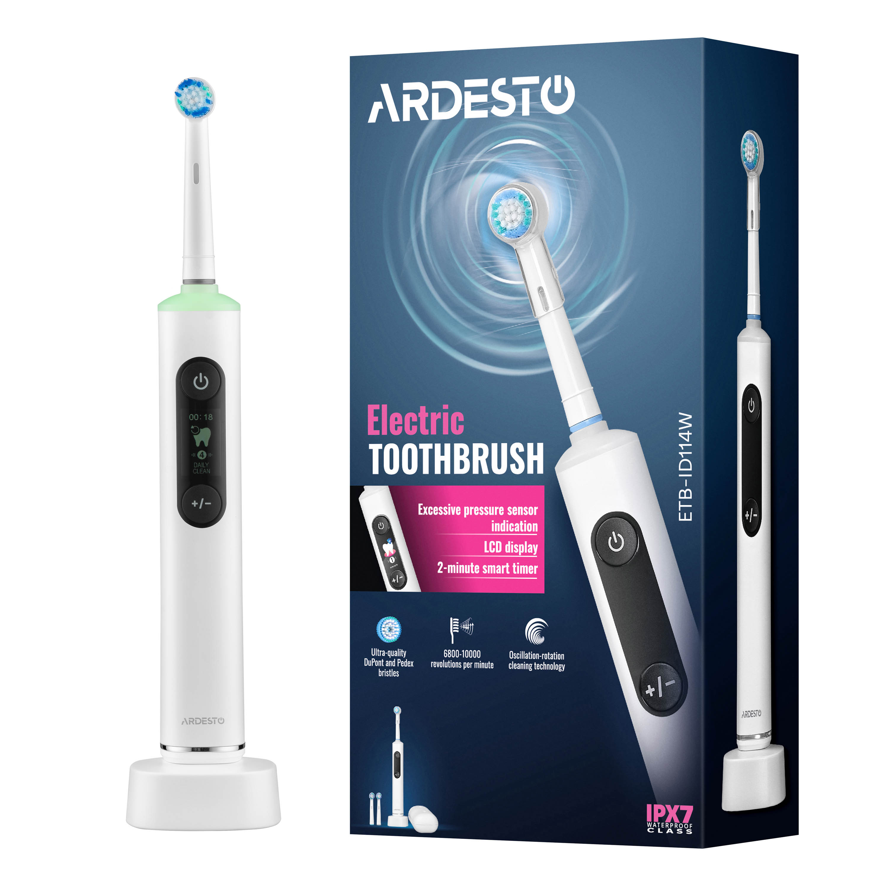 Зубная щетка аккумуляторная колебательно-вращательная с LCD дисплеем Ardesto ETB-ID114W для взрослых 5 режимов с футляром Белый (ETB-ID114W)