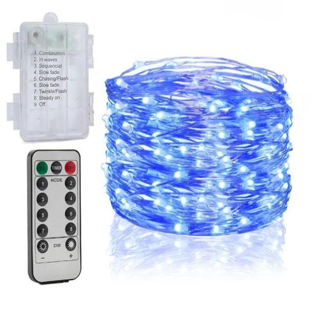 Гирлянда нить Роса на батарейках з пультом ДУ 100LED 10 м синий свет