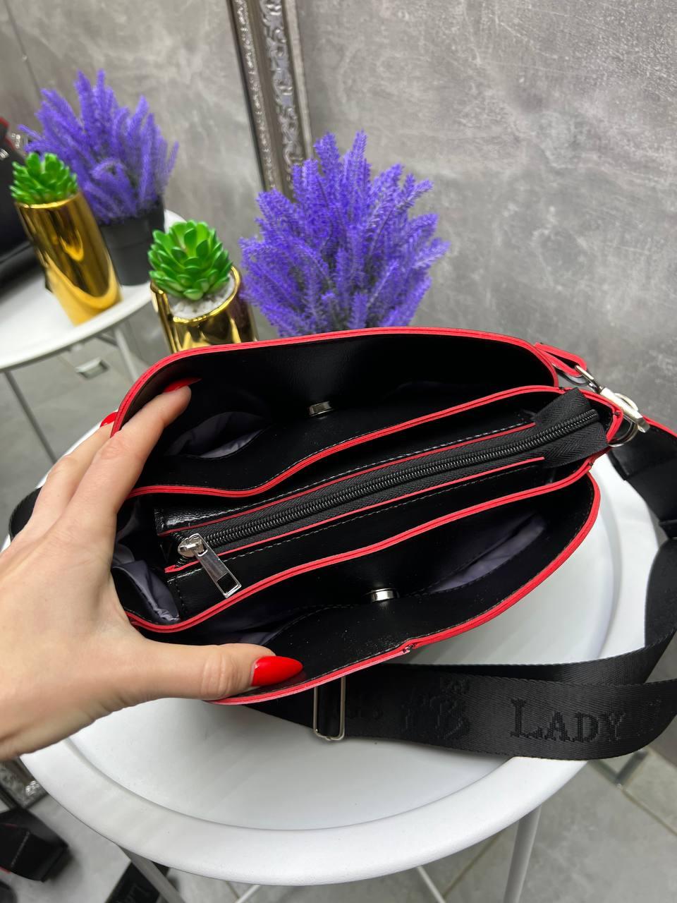 Сумка жіноча замшева через плече крос боді з широким ременем Чорний із червоним - фото 4