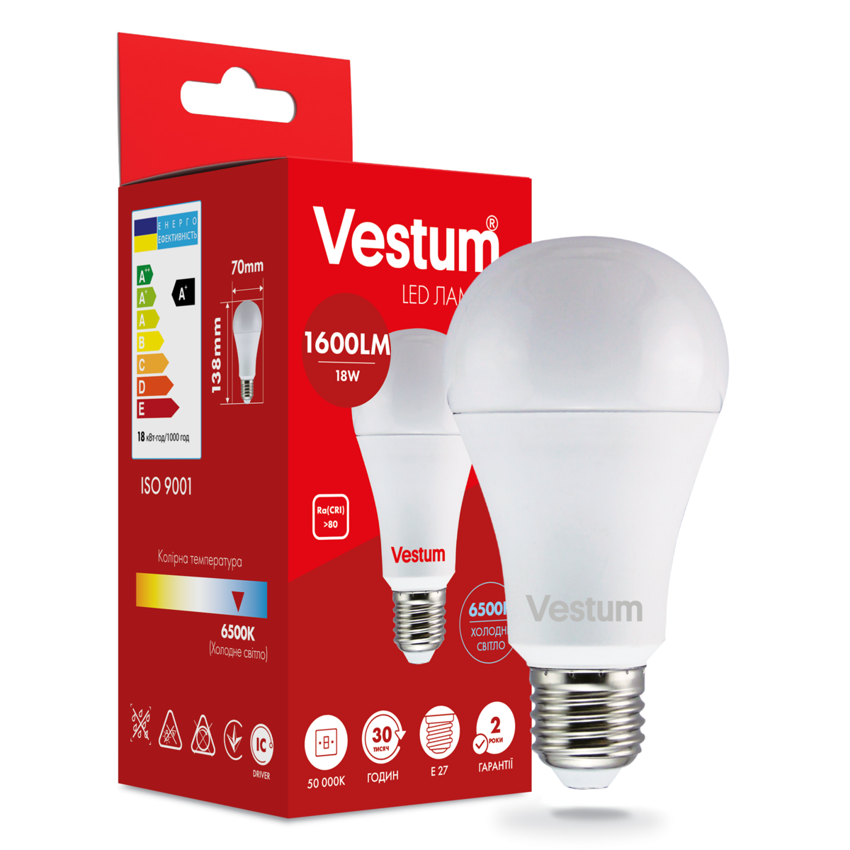 Светодиодная лампа Vestum A70 18W 6500K 220V E27 (1-VS-1113)