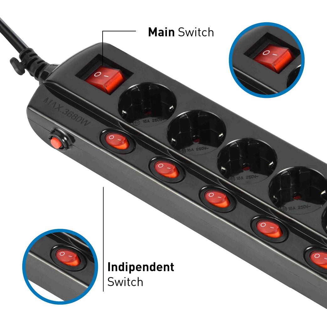 Удлинитель Electraline с защитой с заземлением на 4 розетки 5 кнопок 3х1 мм 1,5 м 16А Черный - фото 2
