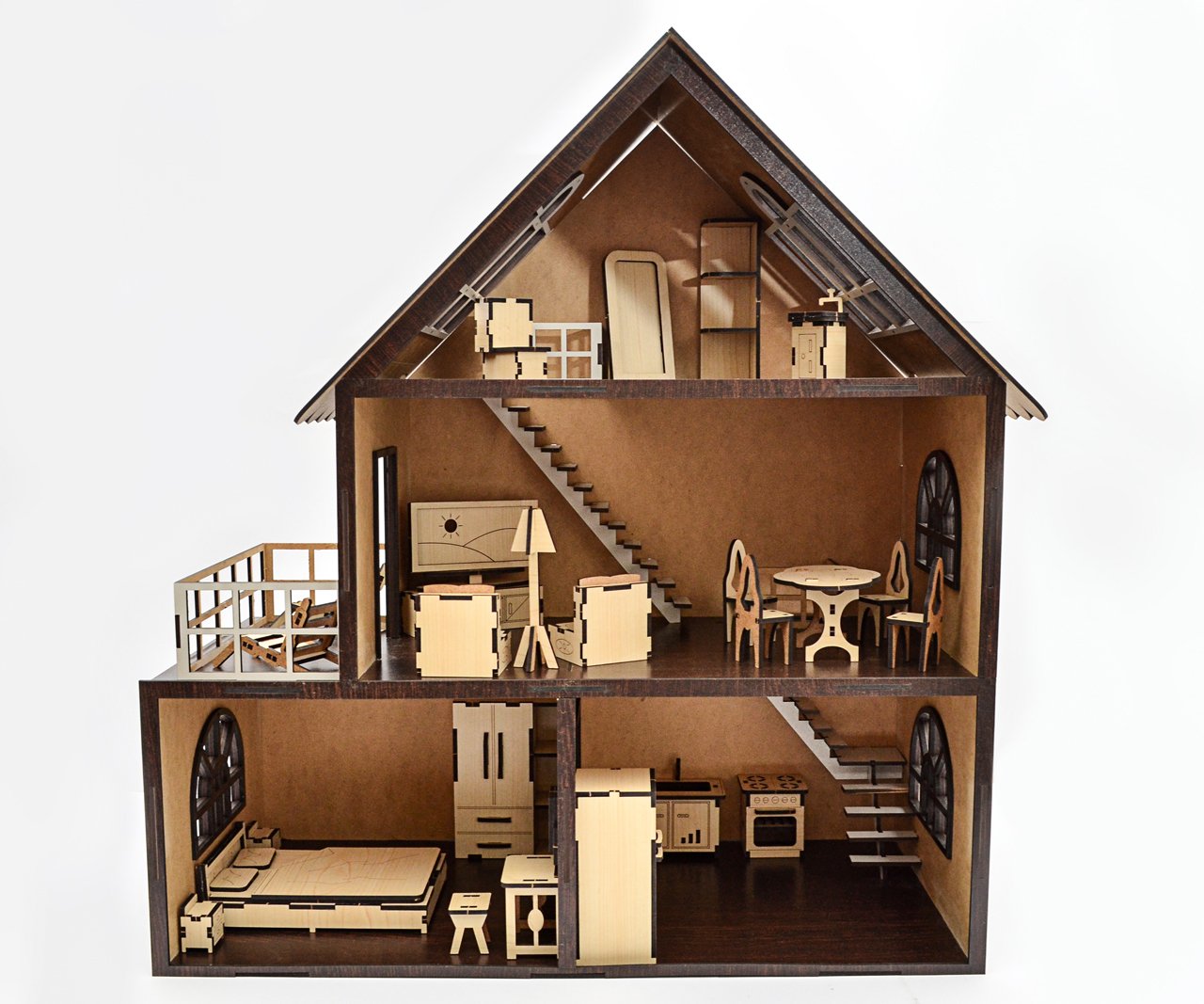 Ігровий набір 3DBRT Будиночок для ляльок дерев'яний та набір меблів 38 пр. 51х25х55 см