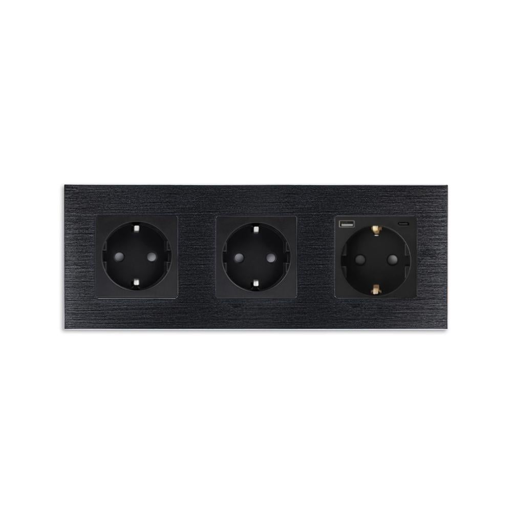 Розетка WALLPAD с USB A+C 20Вт с заземлением/шторками 250В 16А алюминиевая рамка Черный (WP-M3FGAC-BK)