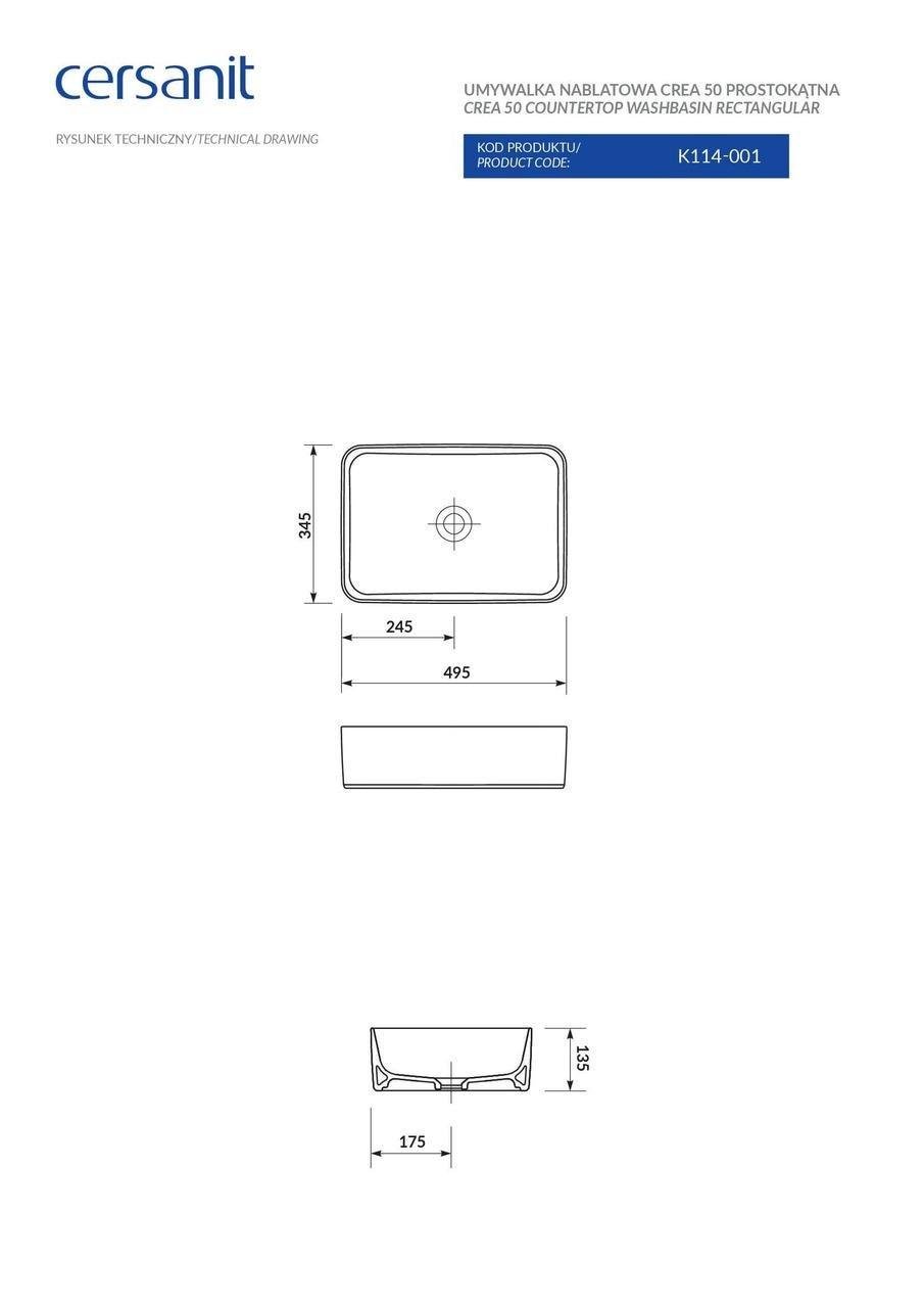 Умивальник на стільницю Cersanit CREA 50 накладний прямокутний (K114-001) - фото 5 Умивальник на стільницю Cersanit CREA 50 накладний прямокутний (K114-001) - фото 5