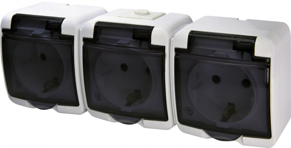 Розетка наружная тройная ETI RHE-3sd с заземлением/прозрачной крышкой IP54 Белый (4668024)
